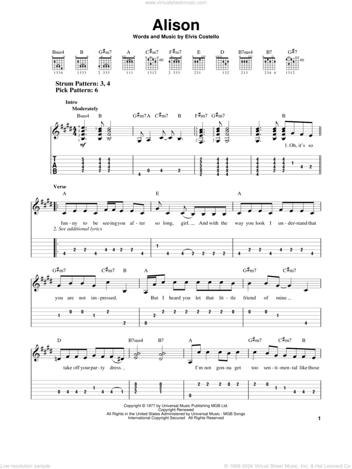 Alison sheet music for guitar solo (easy tablature) by Elvis Costello, easy guitar (easy tablature)