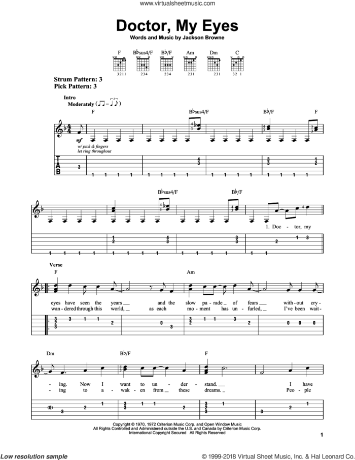 Doctor, My Eyes sheet music for guitar solo (easy tablature) by Jackson Browne, easy guitar (easy tablature)