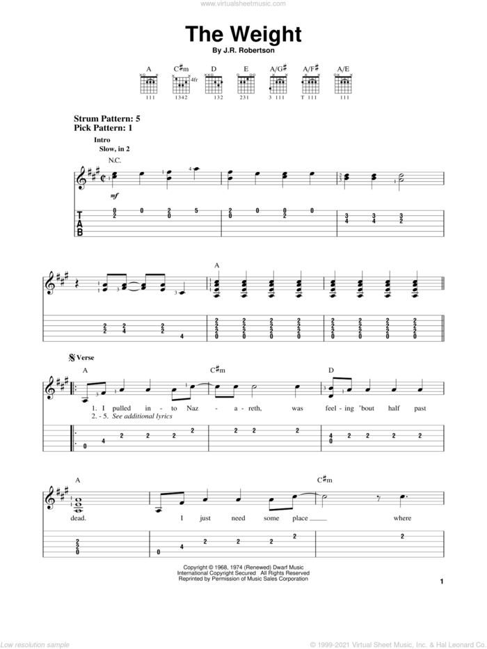 The Weight sheet music for guitar solo (easy tablature) by The Band and Robbie Robertson, easy guitar (easy tablature)