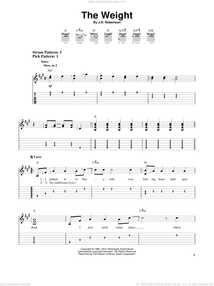 The Weight sheet music for guitar solo (easy tablature) by The Band and Robbie Robertson, easy guitar (easy tablature)