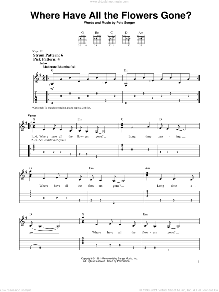 Where Have All The Flowers Gone? sheet music for guitar solo (easy tablature) by The Kingston Trio, Peter, Paul & Mary and Pete Seeger, easy guitar (easy tablature)
