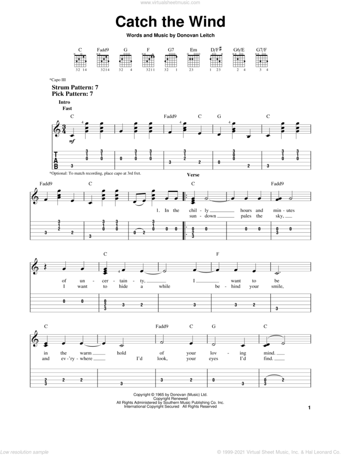 Catch The Wind sheet music for guitar solo (easy tablature) by Walter Donovan and Donovan Leitch, easy guitar (easy tablature)