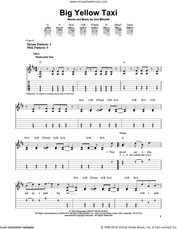 Big Yellow Taxi sheet music for guitar solo (easy tablature) by Joni Mitchell, easy guitar (easy tablature)