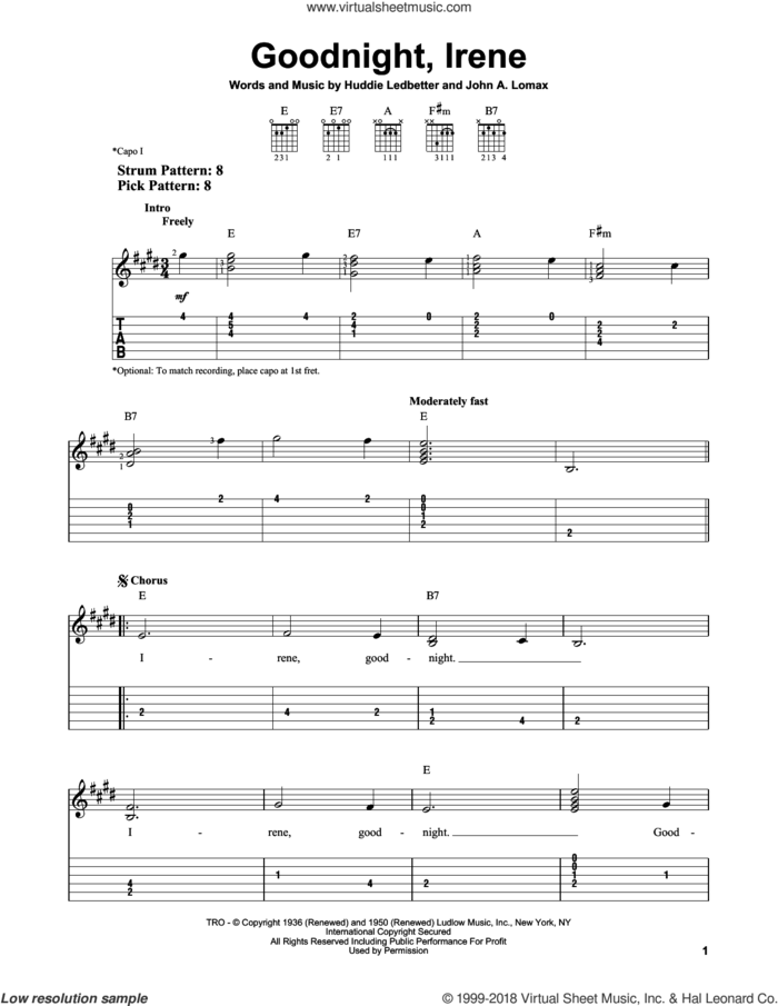 Goodnight, Irene sheet music for guitar solo (easy tablature) by The Weavers, Huddie Ledbetter and John A. Lomax, easy guitar (easy tablature)