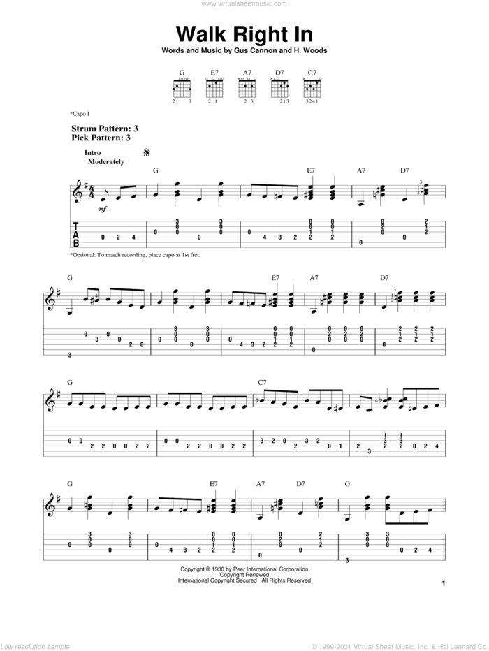 Walk Right In sheet music for guitar solo (easy tablature) by The Rooftop Singers, Gus Cannon and Harry Woods, easy guitar (easy tablature)