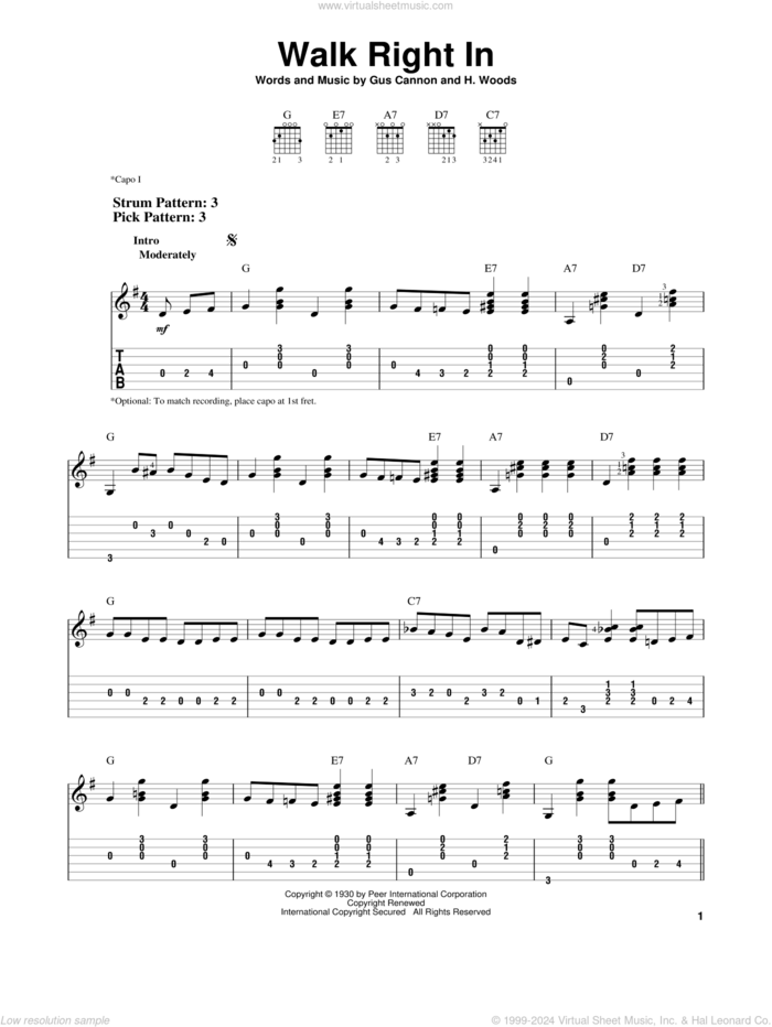 Walk Right In sheet music for guitar solo (easy tablature) by The Rooftop Singers, Gus Cannon and Harry Woods, easy guitar (easy tablature)