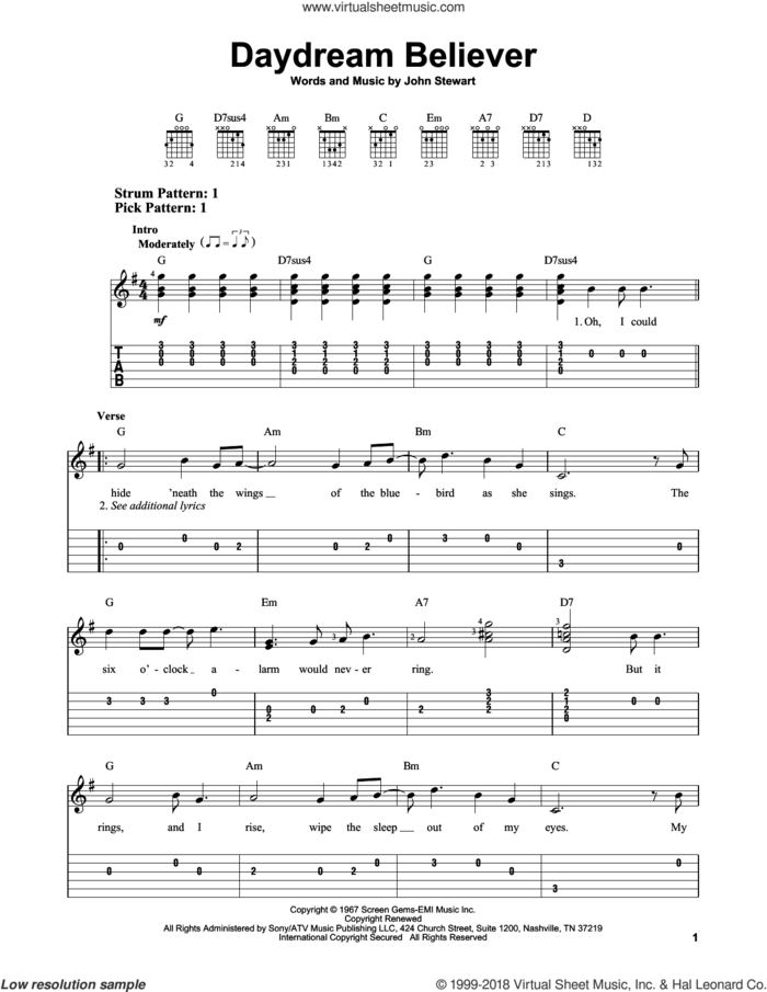 Daydream Believer sheet music for guitar solo (easy tablature) by The Monkees and John Stewart, easy guitar (easy tablature)