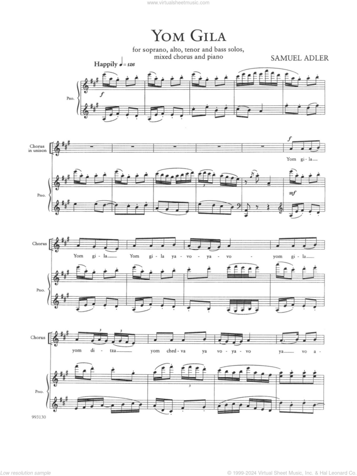 Five Sephardic Choruses: Yom Gila sheet music for choir (SATB: soprano, alto, tenor, bass) by Samuel Adler, intermediate skill level