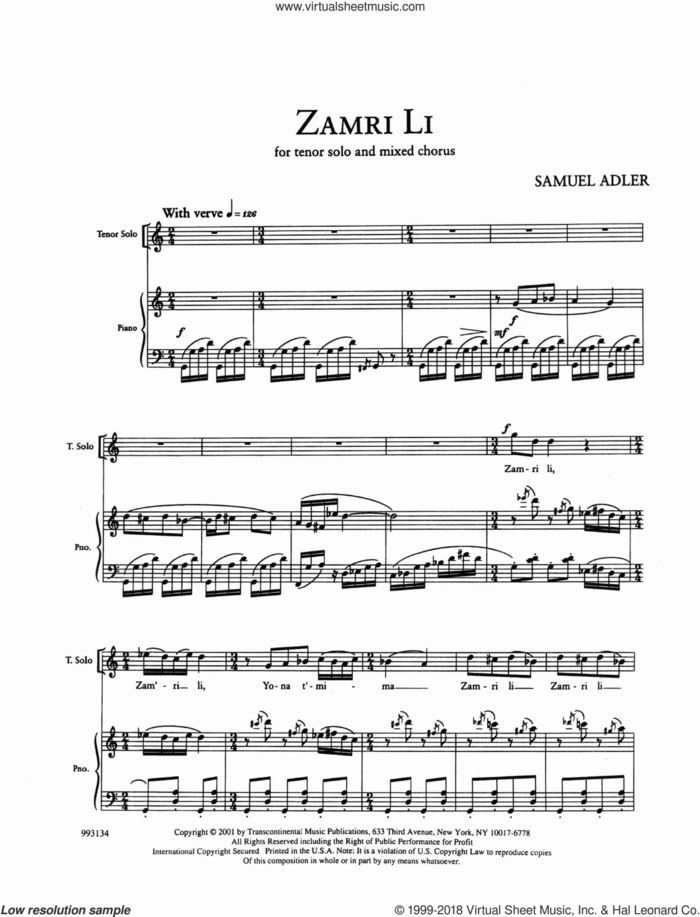 Five Sephardic Choruses: Zamri Li sheet music for choir (SATB: soprano, alto, tenor, bass) by Samuel Adler, intermediate skill level