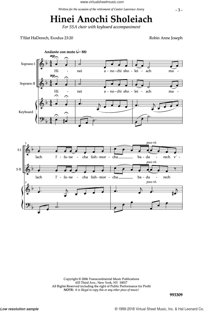 Hinei Anochi Sholeiach sheet music for choir (SSA: soprano, alto) by Anne Joseph, intermediate skill level
