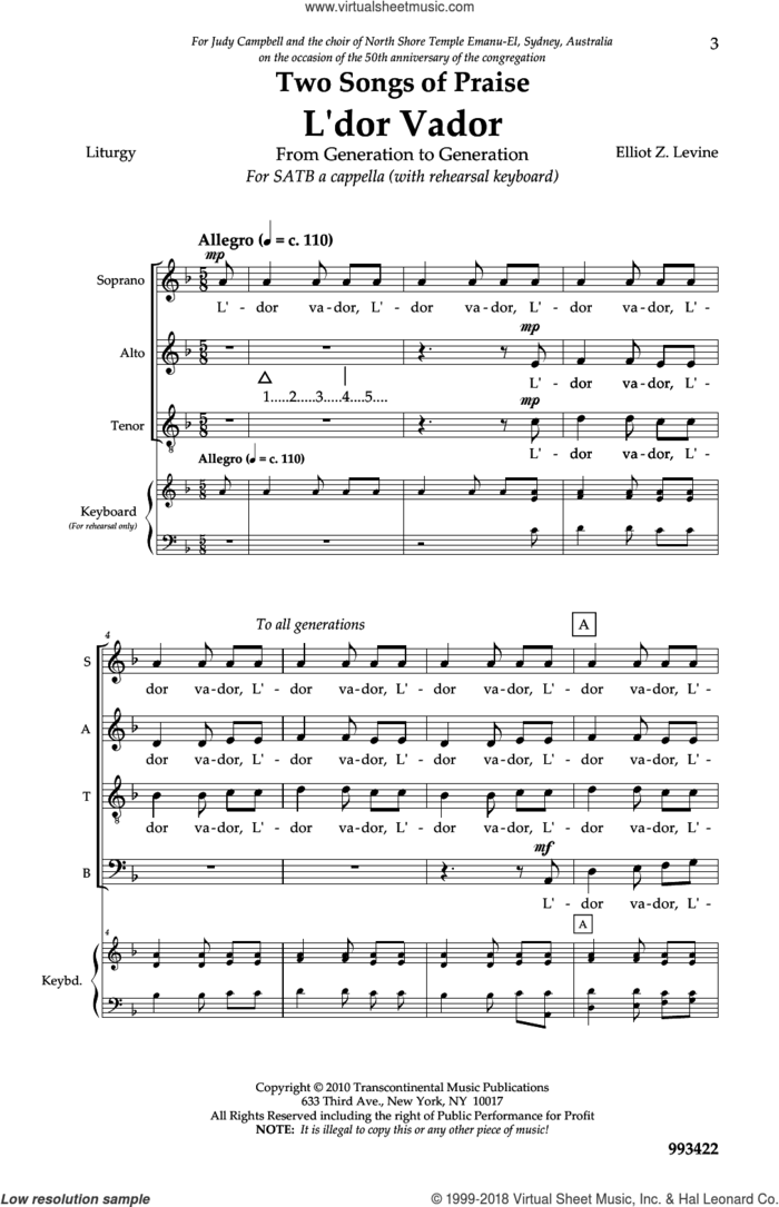 Two Songs Of Praise: L'dor Vador And Psalm 146 sheet music for choir (SATB: soprano, alto, tenor, bass) by Elliot Z. Levine, intermediate skill level