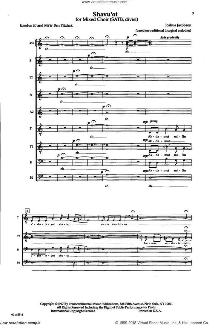 Shavu'ot sheet music for choir (SATB: soprano, alto, tenor, bass) by Joshua Jacobson, intermediate skill level