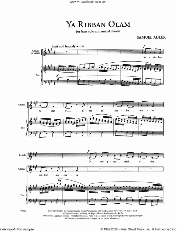 Five Sephardic Choruses: Ya Ribban Olam sheet music for choir (SATB: soprano, alto, tenor, bass) by Samuel Adler, intermediate skill level