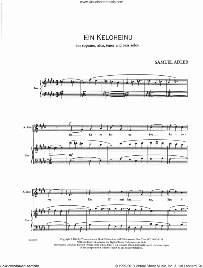 Five Sephardic Choruses: Ein Keloheinu sheet music for choir (SATB: soprano, alto, tenor, bass) by Samuel Adler, intermediate skill level