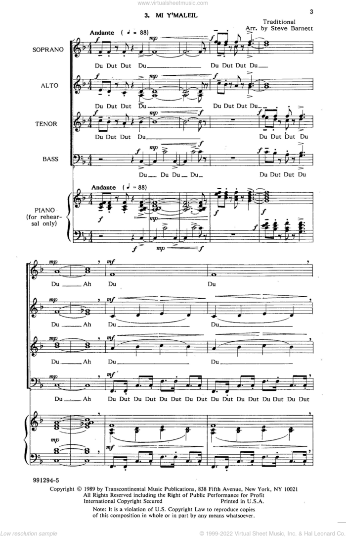 Mi Y'maleil Rehearsal Piano sheet music for choir (SATB: soprano, alto, tenor, bass) by Steve Barnett, intermediate skill level