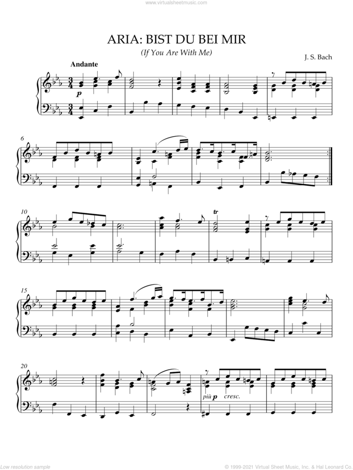 Bist Du Bei Mir (If You Are With Me) sheet music for piano solo by Joahnn Sebastian Bach and Johann Sebastian Bach, classical wedding score, intermediate skill level