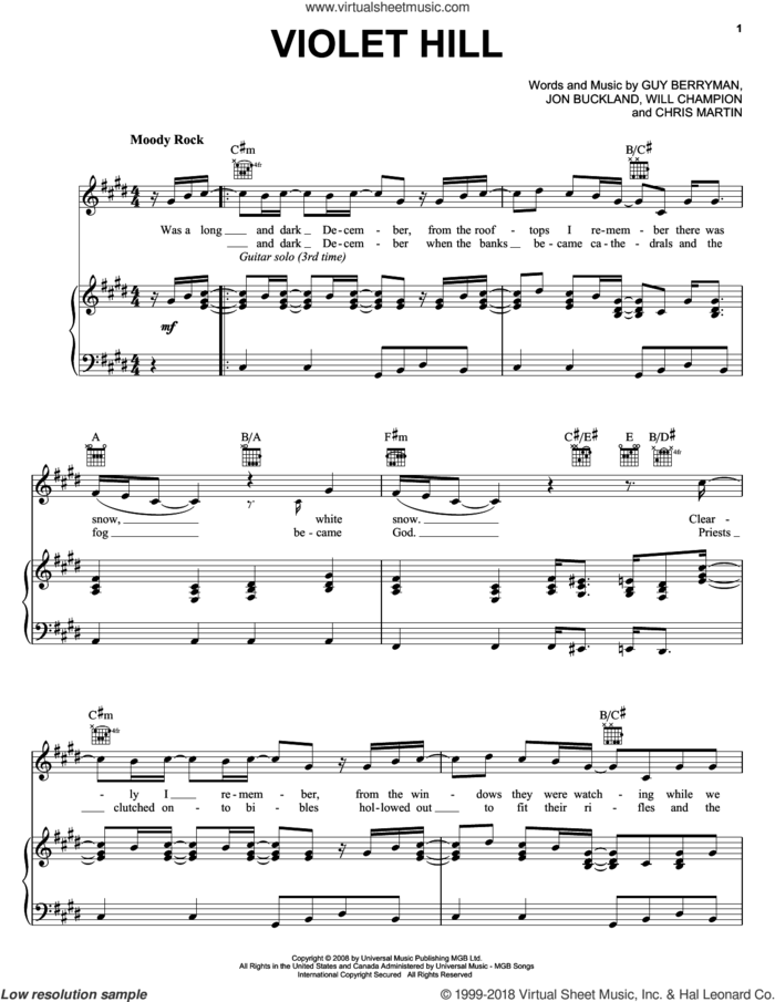 Violet Hill sheet music for voice, piano or guitar by Guy Berryman, Coldplay, Chris Martin, Jon Buckland and Will Champion, intermediate skill level