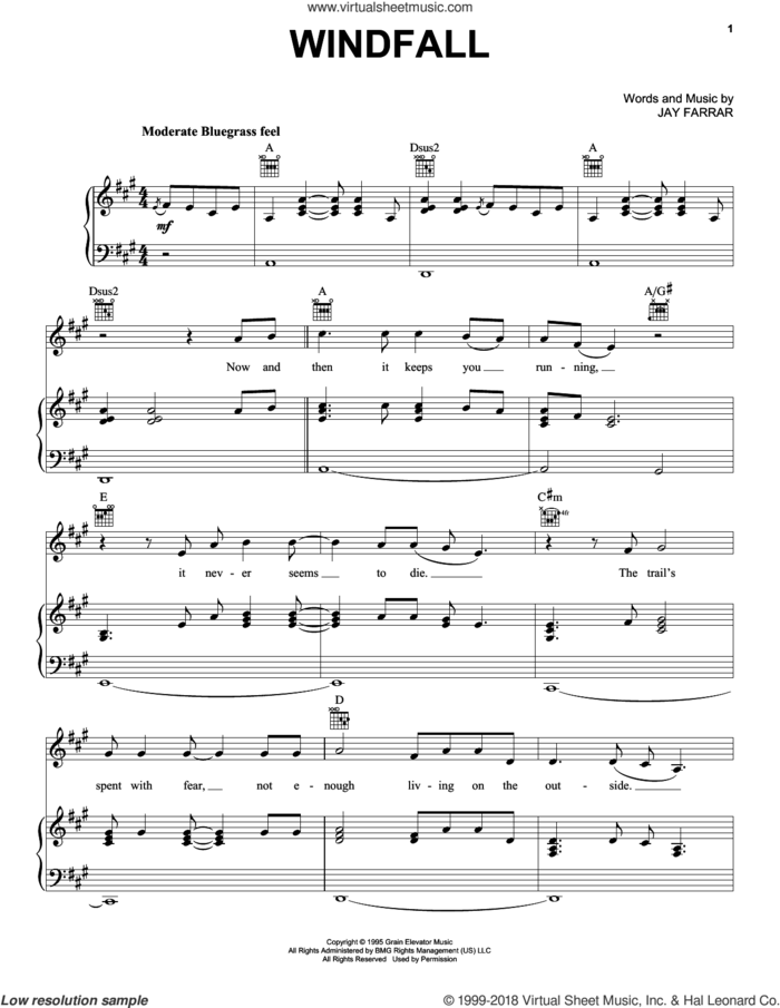 Windfall sheet music for voice, piano or guitar by Son Volt and Jay Farrar, intermediate skill level
