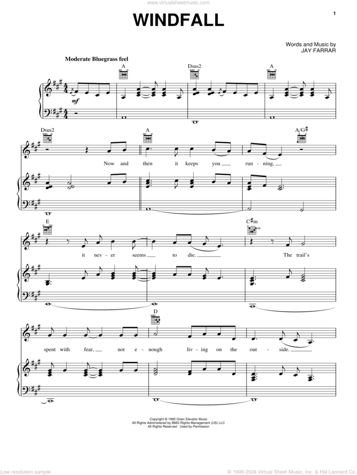 Windfall sheet music for voice, piano or guitar by Son Volt and Jay Farrar, intermediate skill level
