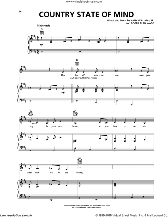 Country State Of Mind sheet music for voice, piano or guitar by Hank Williams, Jr. and Roger Alan Wade, intermediate skill level