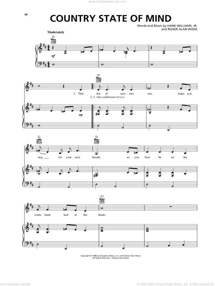 Country State Of Mind sheet music for voice, piano or guitar by Hank Williams, Jr. and Roger Alan Wade, intermediate skill level