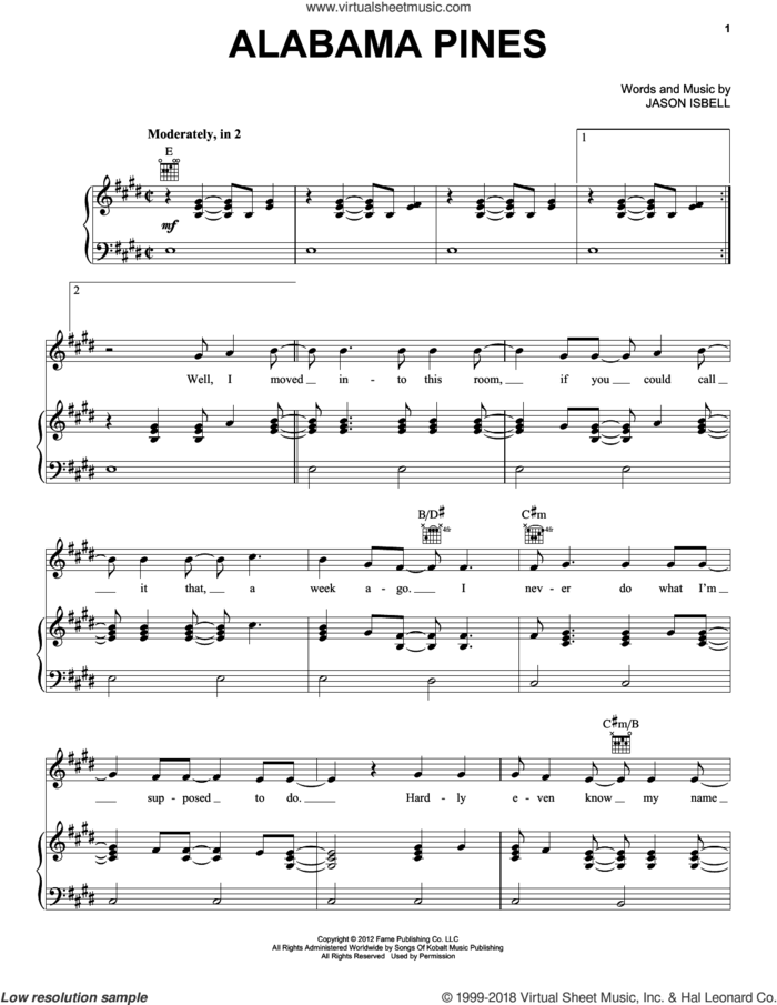 Alabama Pines sheet music for voice, piano or guitar by Jason Isbell & The 400 Unit, intermediate skill level