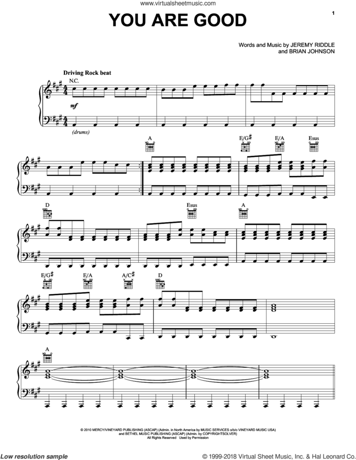 You Are Good sheet music for voice, piano or guitar by Jeremy Riddle and Brian Johnson, intermediate skill level