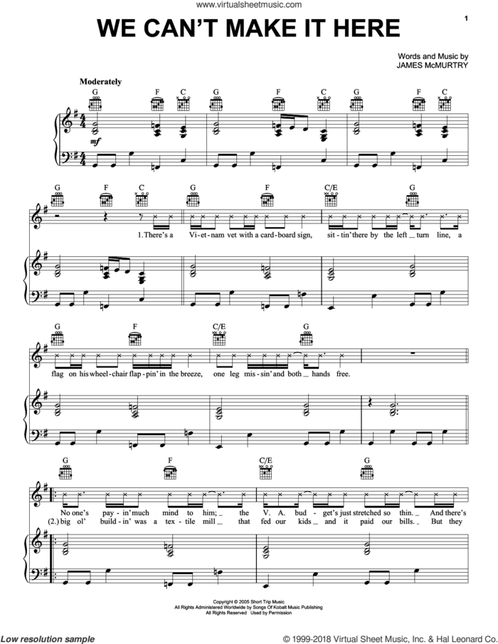We Can't Make It Here sheet music for voice, piano or guitar by James Mc Murtry, intermediate skill level