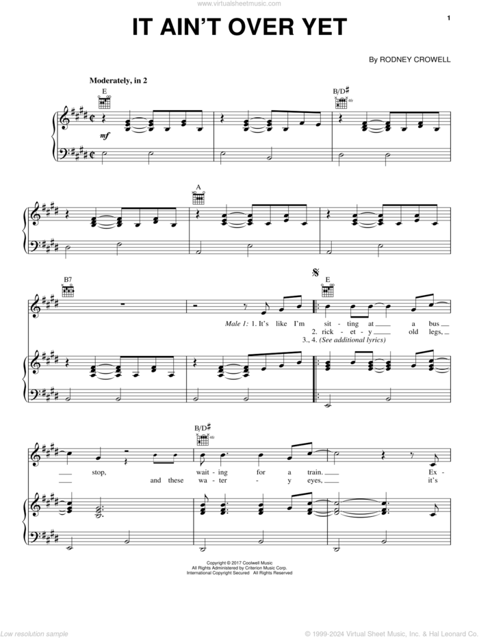 It Ain't Over Yet sheet music for voice, piano or guitar by Rodney Crowell, intermediate skill level