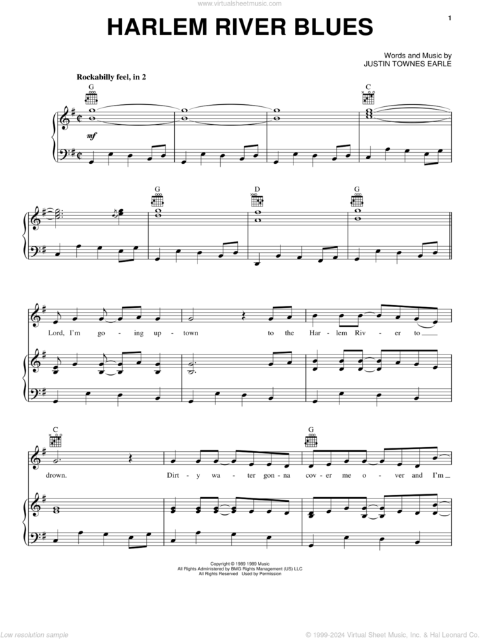 Harlem River Blues sheet music for voice, piano or guitar by Justin Townes Earle, intermediate skill level