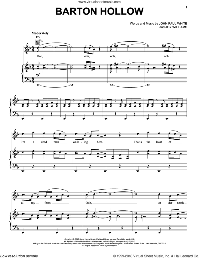 Barton Hollow sheet music for voice, piano or guitar by The Civil Wars, John Paul White and Joy Williams, intermediate skill level