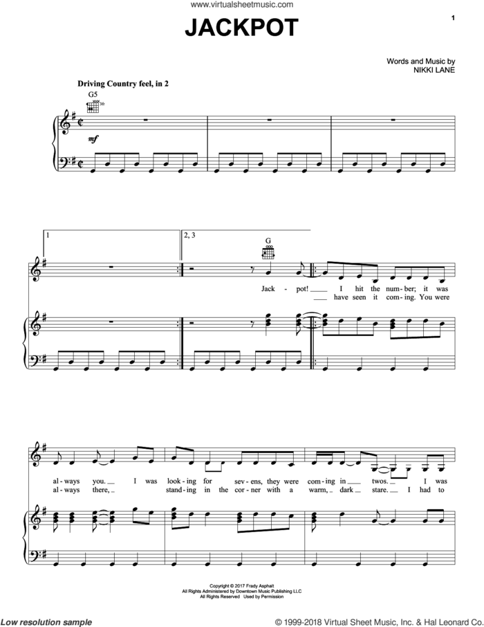 Jackpot sheet music for voice, piano or guitar by Nikki Lane, intermediate skill level