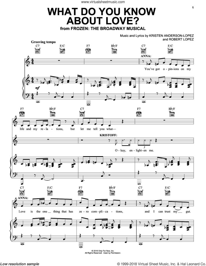 What Do You Know About Love? (from Frozen: the Broadway Musical) sheet music for voice, piano or guitar by Robert Lopez, Kristen Anderson-Lopez and Kristen Anderson-Lopez & Robert Lopez, intermediate skill level