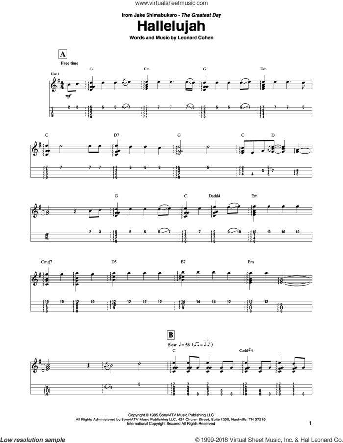 Hallelujah (arr. Jake Shimabukuro) sheet music for ukulele (tablature) by Leonard Cohen and Jake Shimabukuro, intermediate skill level