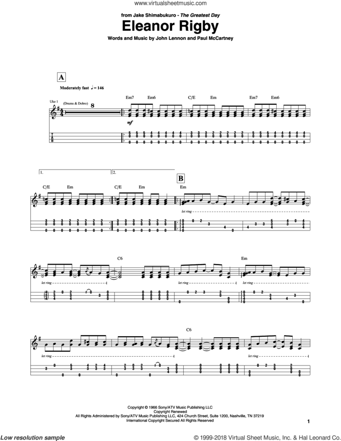Eleanor Rigby (arr. Jake Shimabukuro) sheet music for ukulele (tablature) by Paul McCartney, Jake Shimabukuro, The Beatles and John Lennon, intermediate skill level