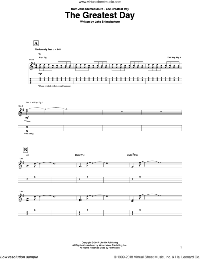 The Greatest Day sheet music for ukulele (tablature) by Jake Shimabukuro, intermediate skill level