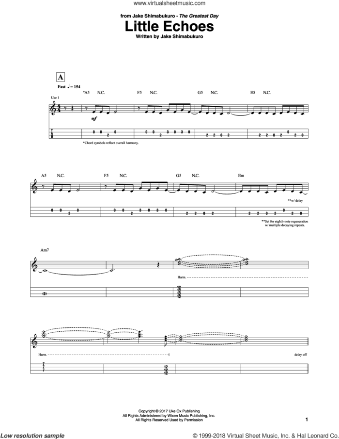 Little Echoes sheet music for ukulele (tablature) by Jake Shimabukuro, intermediate skill level