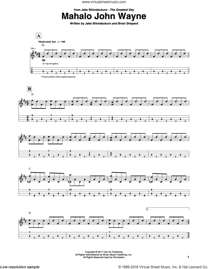 Mahalo John Wayne sheet music for ukulele (tablature) by Jake Shimabukuro and Brian Shepard, intermediate skill level