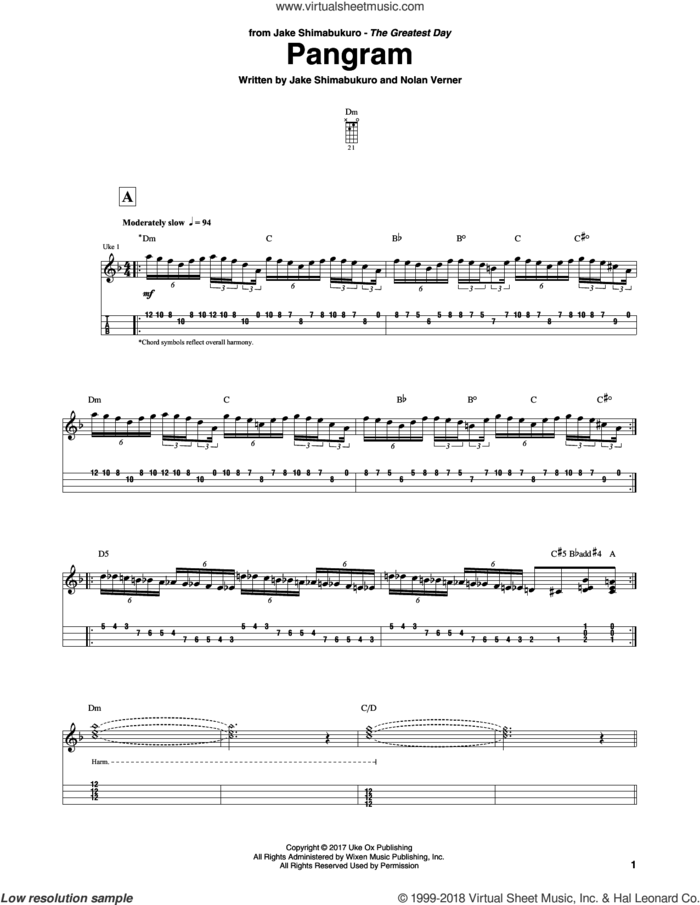 Pangram sheet music for ukulele (tablature) by Jake Shimabukuro and Nolan Verner, intermediate skill level