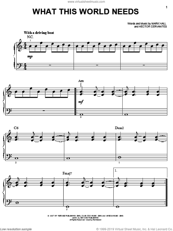 What This World Needs sheet music for piano solo by Casting Crowns, Hector Cervantes and Mark Hall, easy skill level