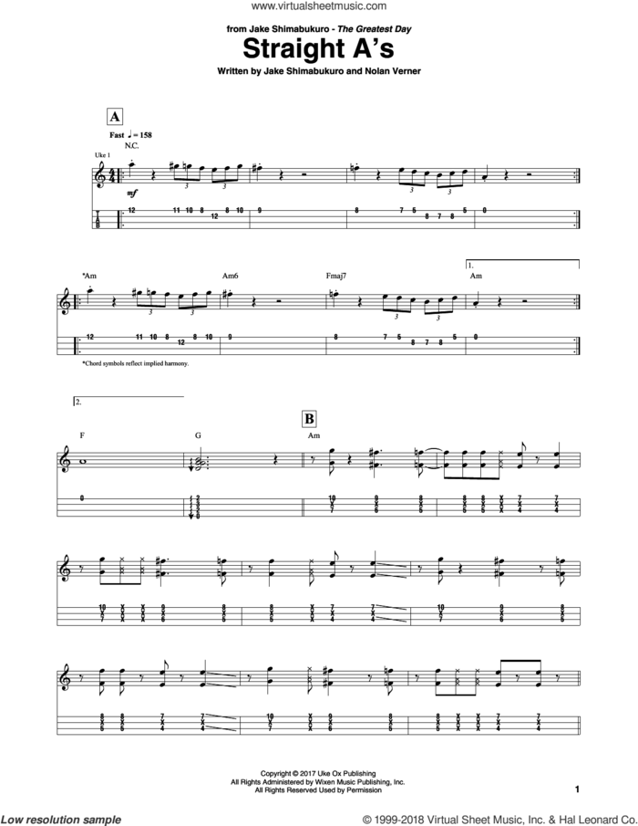 Straight A's sheet music for ukulele (tablature) by Jake Shimabukuro and Nolan Verner, intermediate skill level