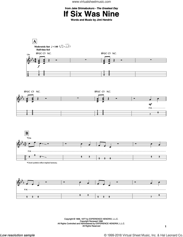 If Six Was Nine (arr. Jake Shimabukuro) sheet music for ukulele (tablature) by Jimi Hendrix and Jake Shimabukuro, intermediate skill level