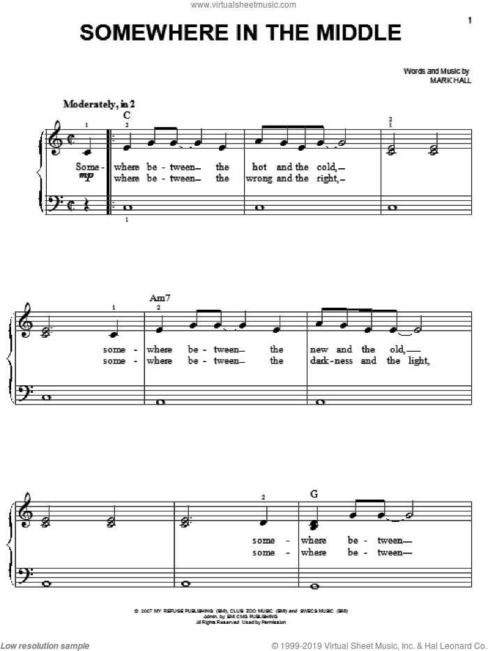 Somewhere In The Middle sheet music for piano solo by Casting Crowns and Mark Hall, easy skill level