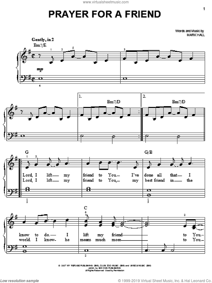 Prayer For A Friend sheet music for piano solo by Casting Crowns and Mark Hall, easy skill level
