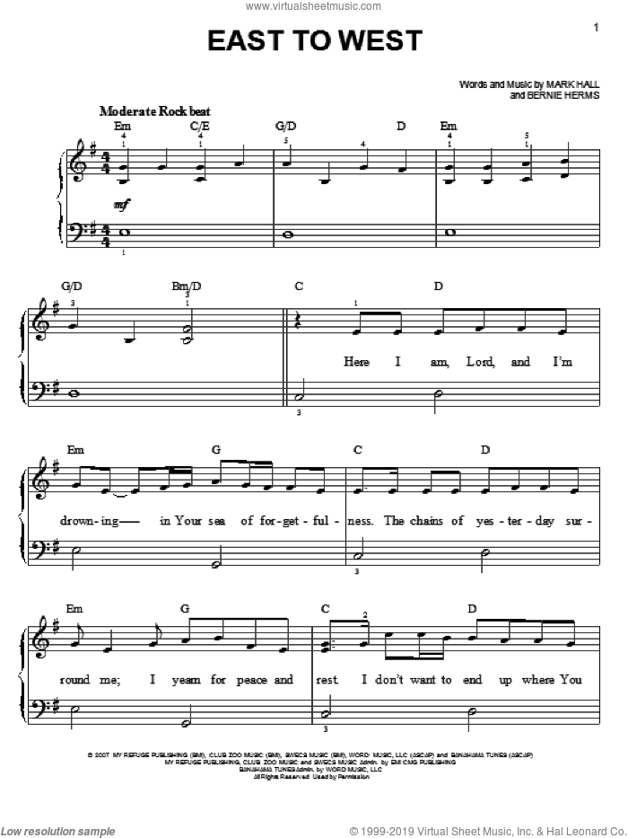East To West sheet music for piano solo by Casting Crowns, Bernie Herms and Mark Hall, easy skill level