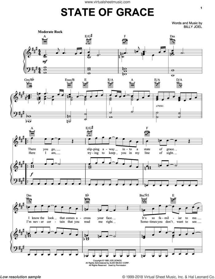 State Of Grace sheet music for voice, piano or guitar by Billy Joel, intermediate skill level