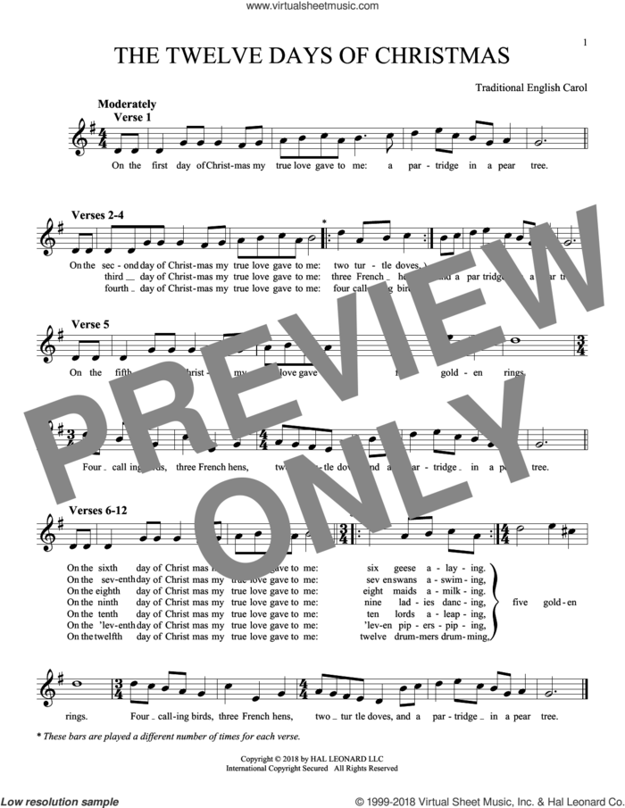 The Twelve Days Of Christmas sheet music for ocarina solo, intermediate skill level