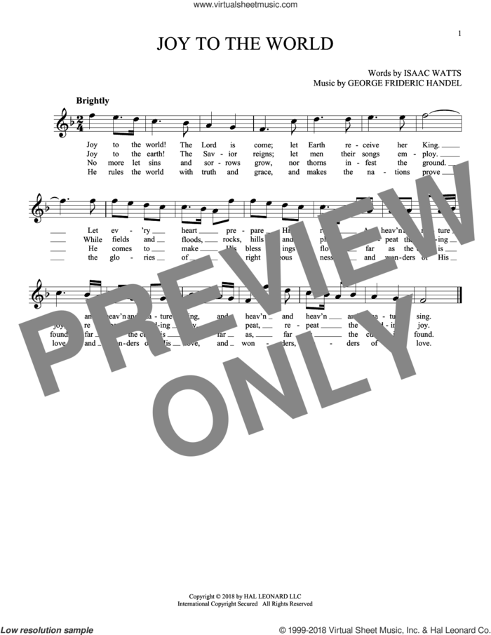 Joy To The World sheet music for ocarina solo by George Frideric Handel, Isaac Watts and Lowell Mason, intermediate skill level
