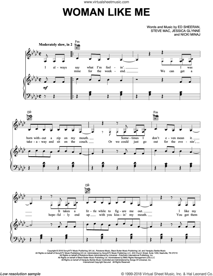 Woman Like Me (feat. Nicki Minaj) sheet music for voice, piano or guitar by Little Mix, Little Mix Feat. Nicki Minaj, Ed Sheeran, Jessica Glynne, Nicki Minaj and Steve Mac, intermediate skill level