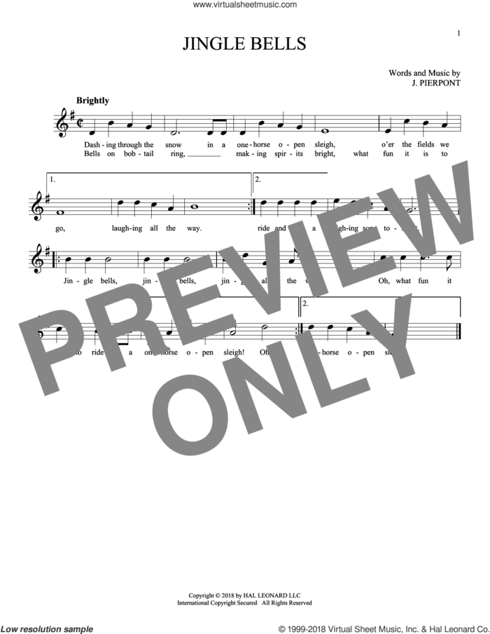 Jingle Bells sheet music for ocarina solo by James Pierpont, intermediate skill level
